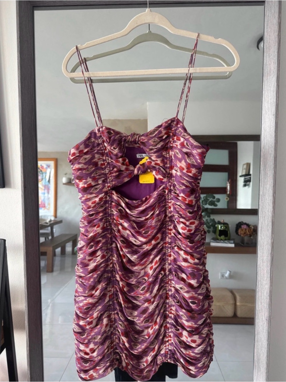 Zara Purple Ruched Mini Slip Dress with Multicolor Print